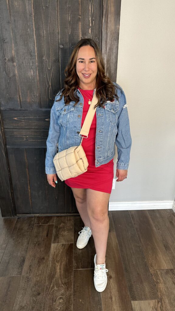 dress, denim jacket, quilted puff bag, sneakers